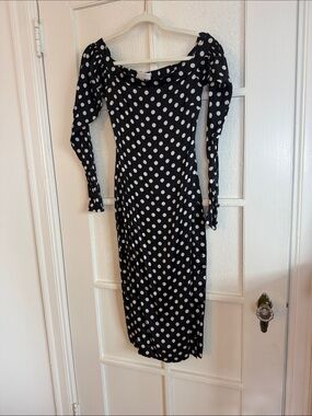 Black and White Polka Dot Off-Shoulder Midi Dress